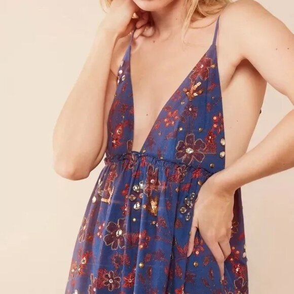 NEW Free People All the Jewels blue floral beaded maxi dress embellished - Picture 10 of 11